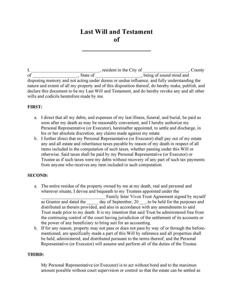 Last Will And Testament Forms Templates Templatelab Living Will Forms Free Printable