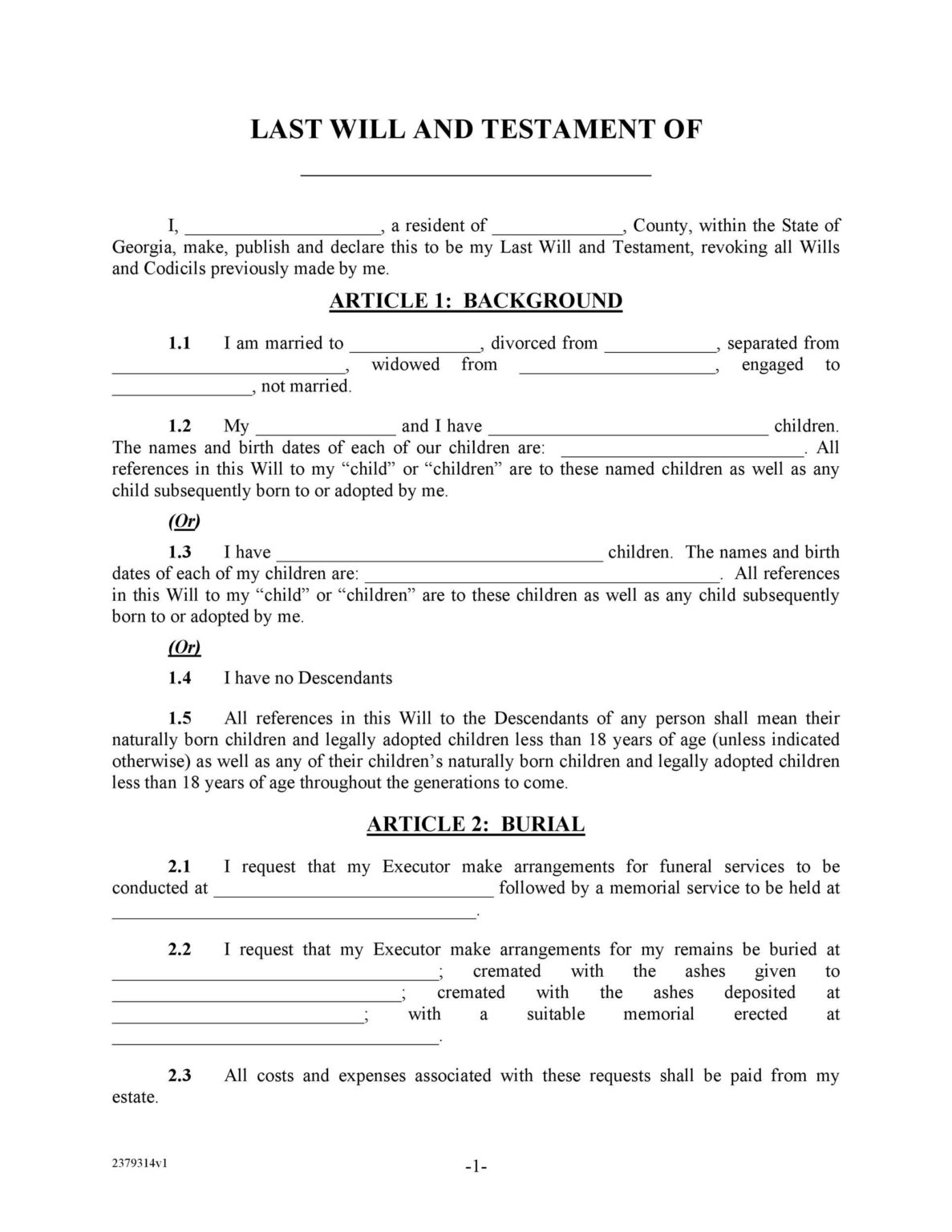 Last Will And Testament Free Printable Form