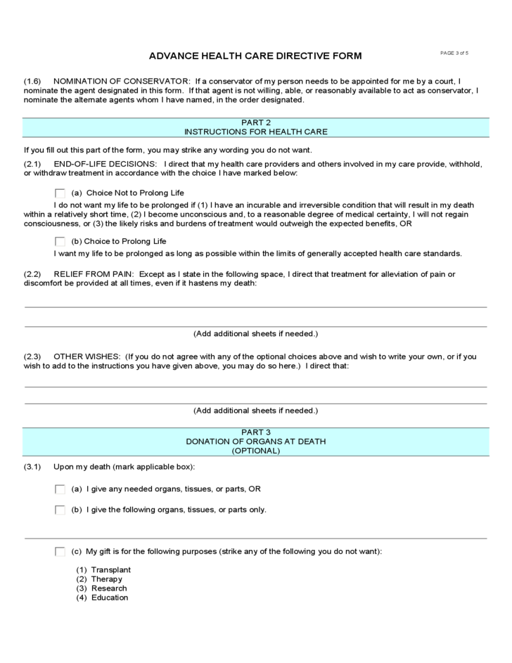 Health Care Directive Form Living Will Forms Free Printable