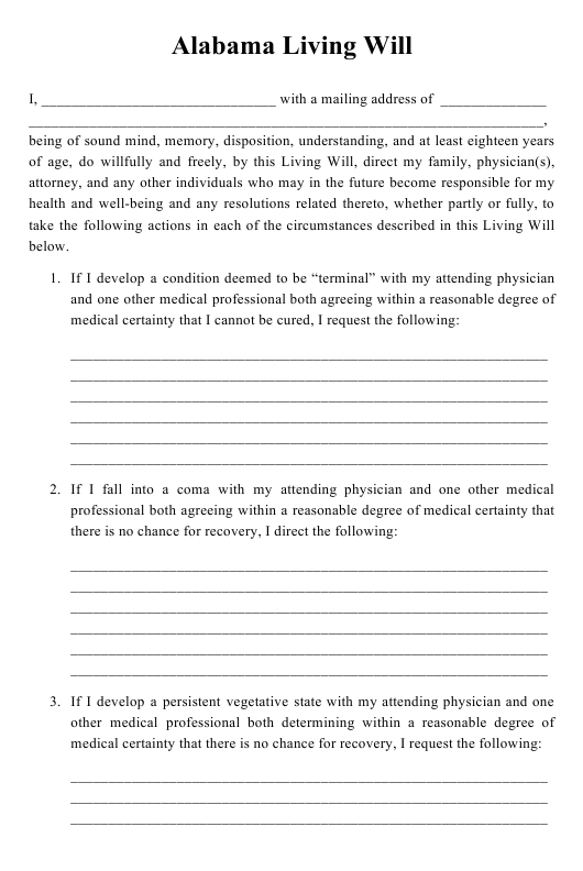 Living Will Template Alabama Living Will Forms Free Printable