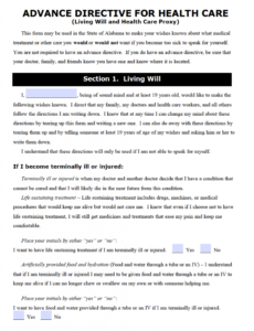 Alabama Living Will Form Advance Directive Will Forms