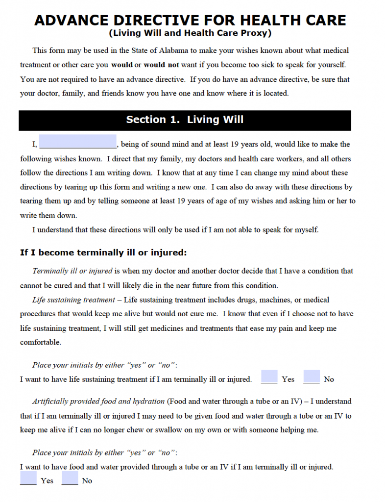 Alabama Living Will Form Advance Directive Will Forms 