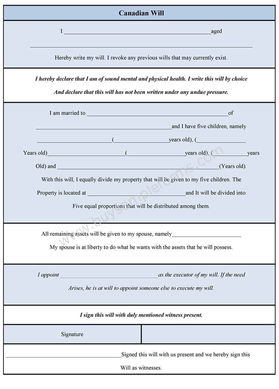 Canadian Will Form Sample Canadian Will Template Living Will Forms Free Printable