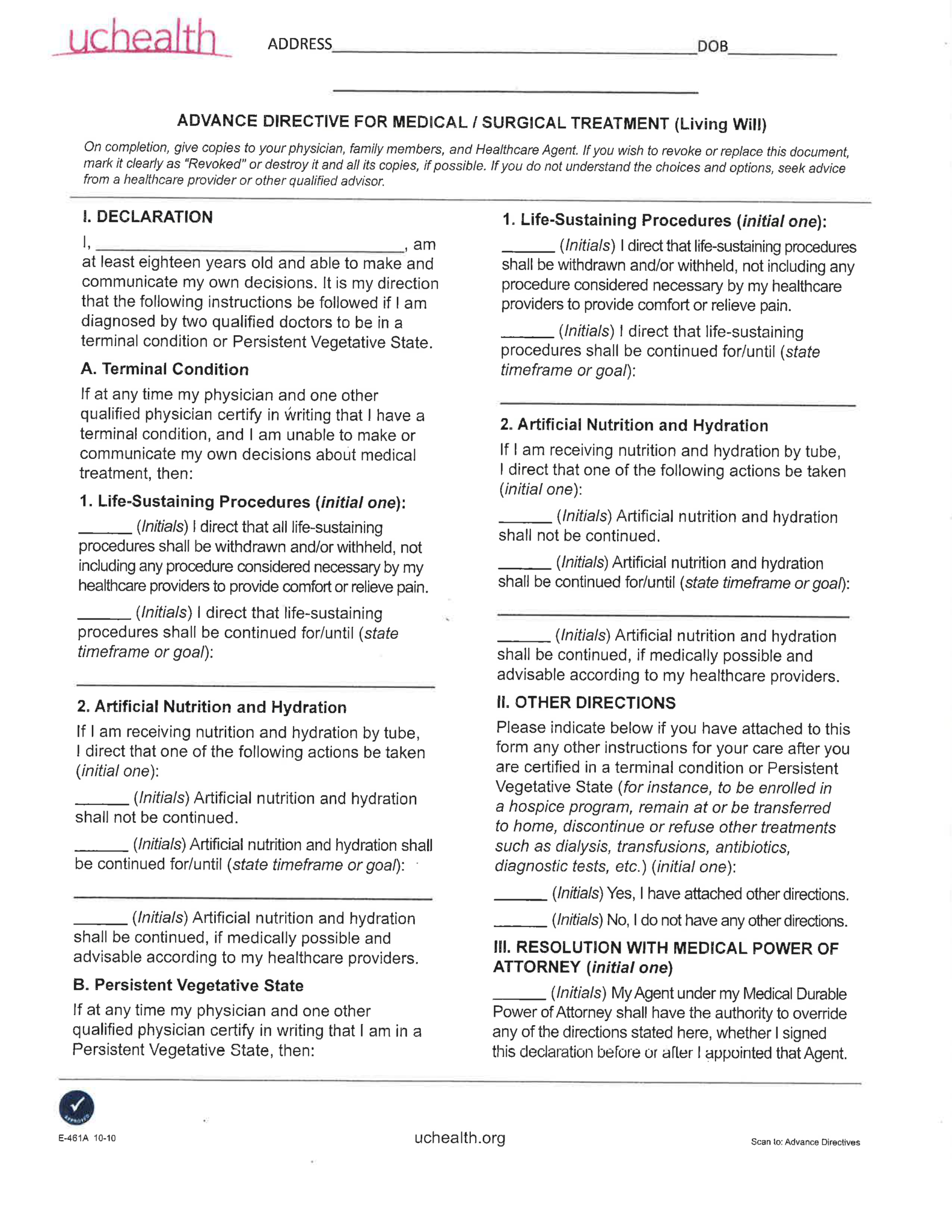 Colorado Living Will Form Fillable PDF Free Printable Living Will