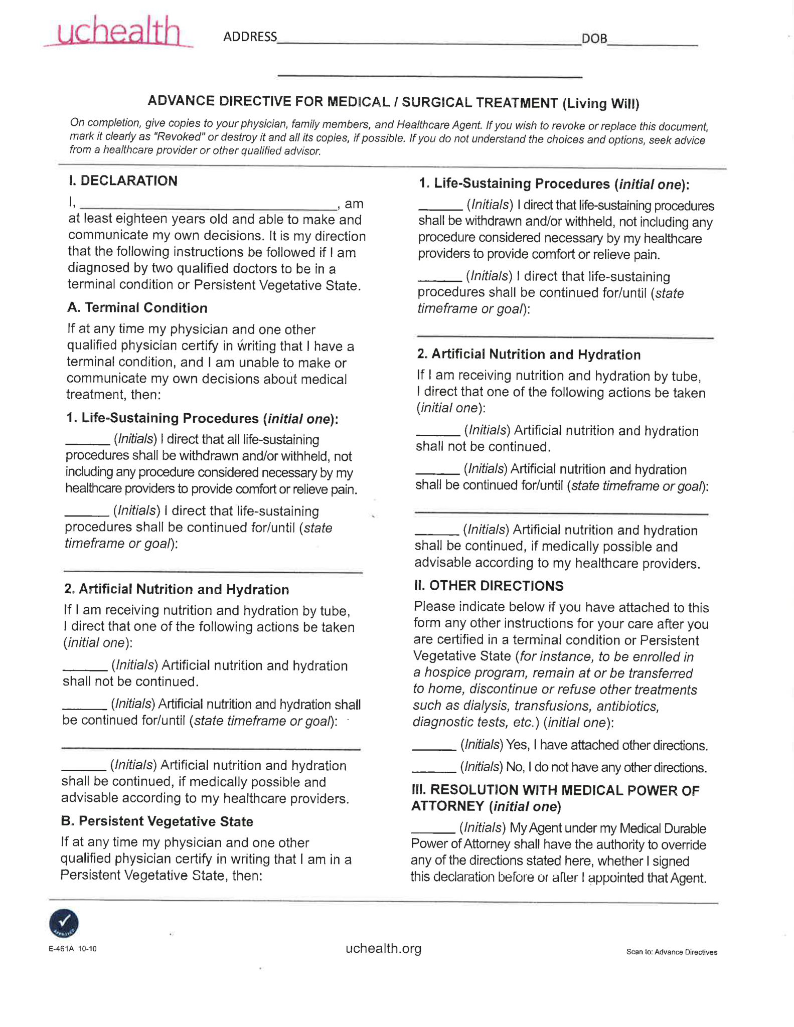 Colorado Living Will Form Fillable PDF Free Printable Living Will Colorado Living Will Form Fillable PDF Free Printable Living Will