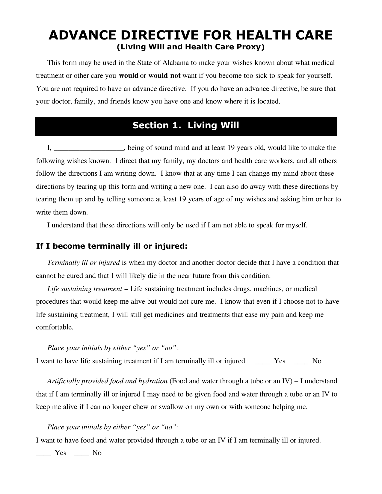 Download Alabama Living Will Form Advance Directive 