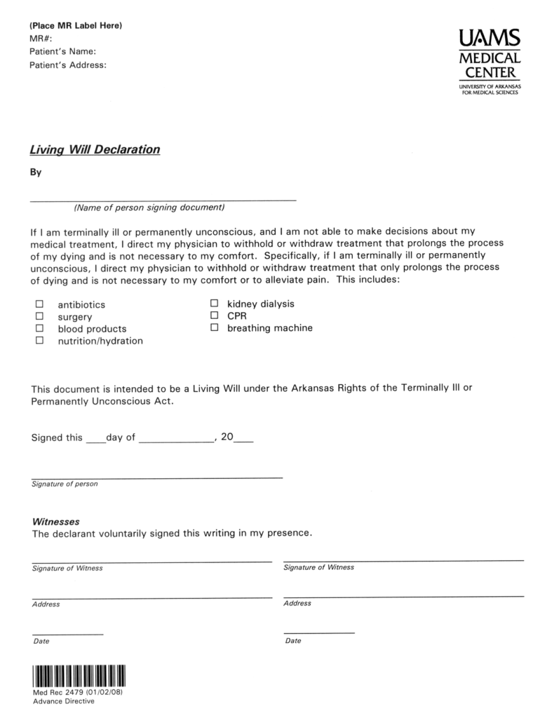 Download Arkansas Living Will Form Advanced Directive – Living Will ...