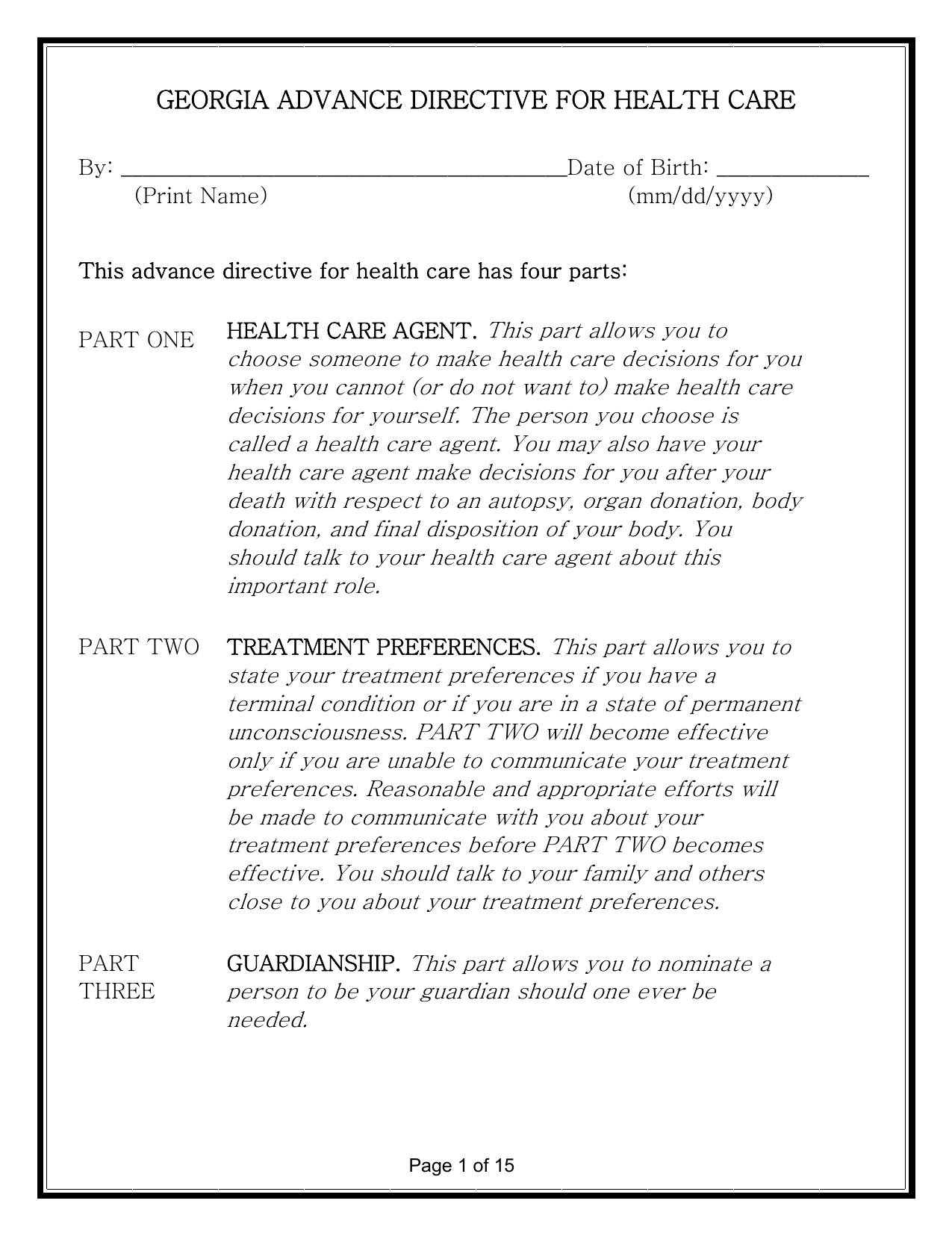 Download Georgia Living Will Form Advance Directive 