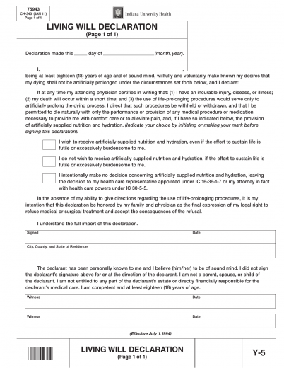 Download Indiana Living Will Form Advance Directive 