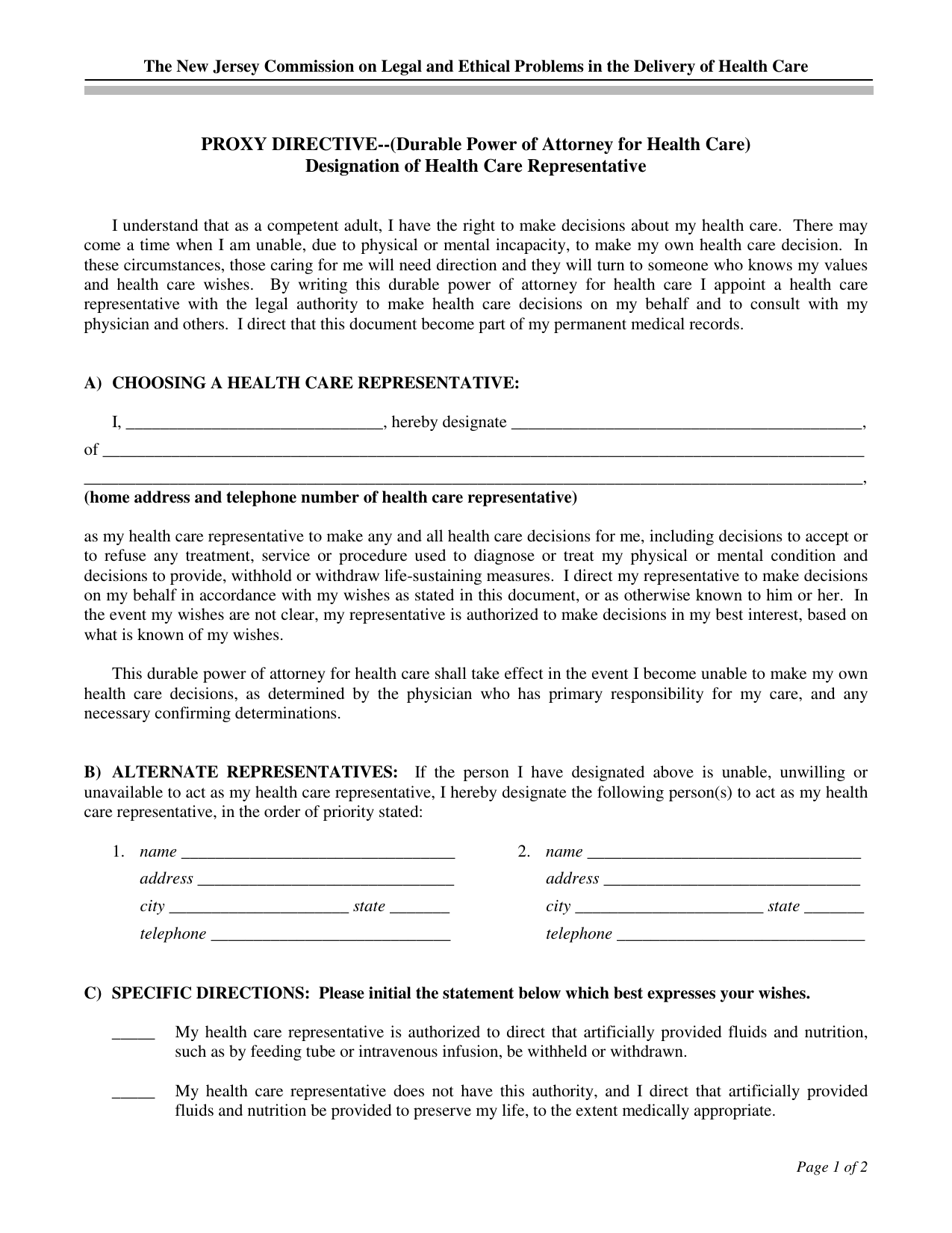 Download New Jersey Living Will Form Advance Directive 