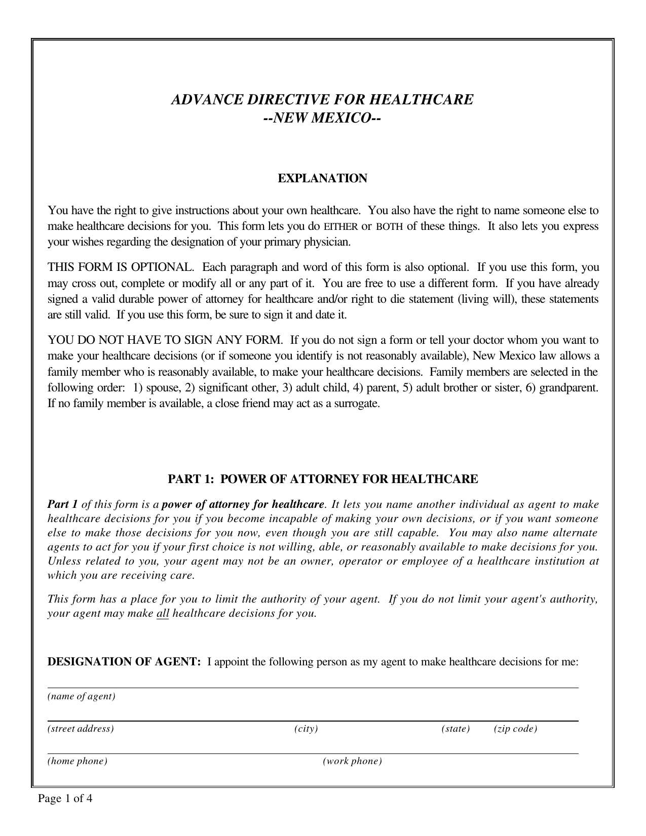 Download New Mexico Living Will Form Advance Directive 