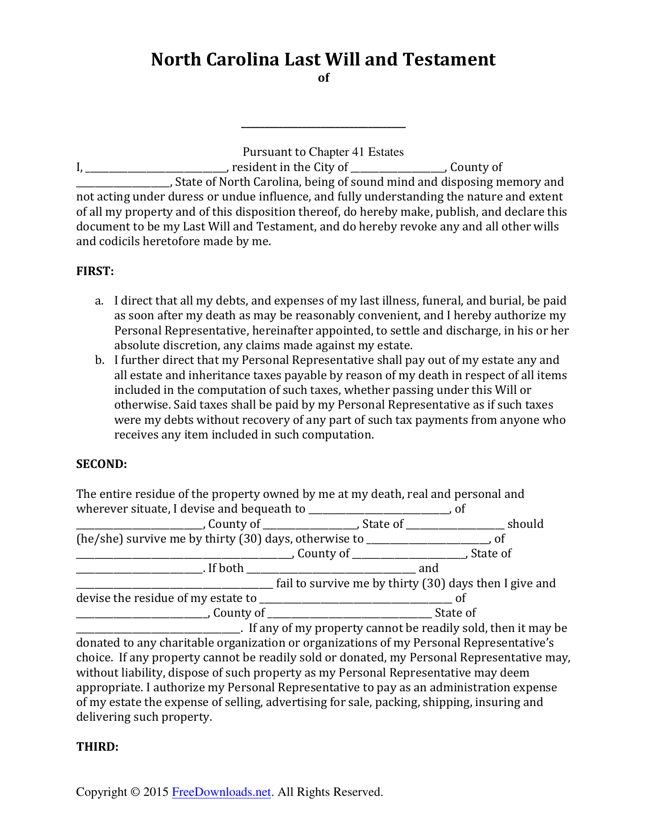 Download North Carolina Last Will And Testament Form PDF 