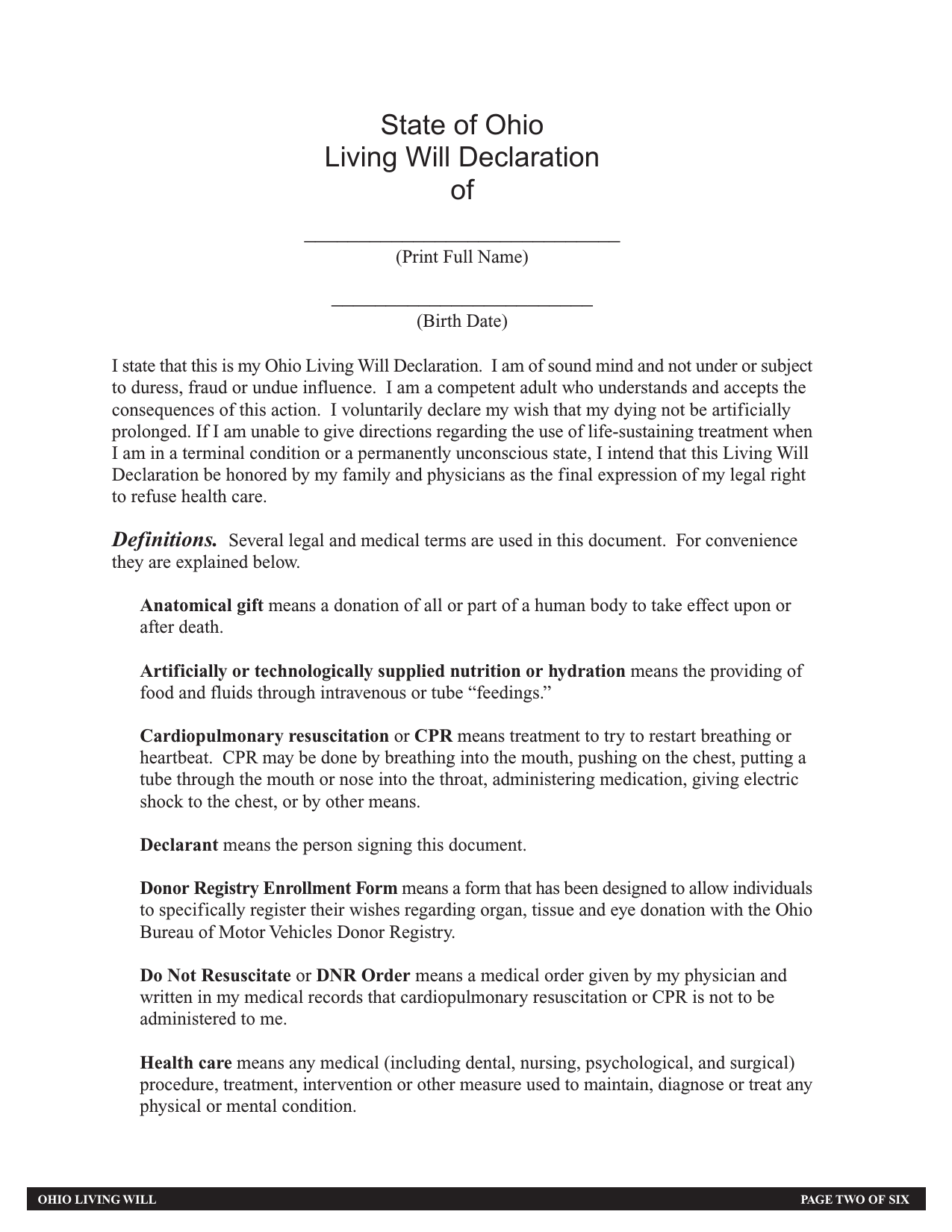 Download Ohio Living Will Form Advance Directive PDF 