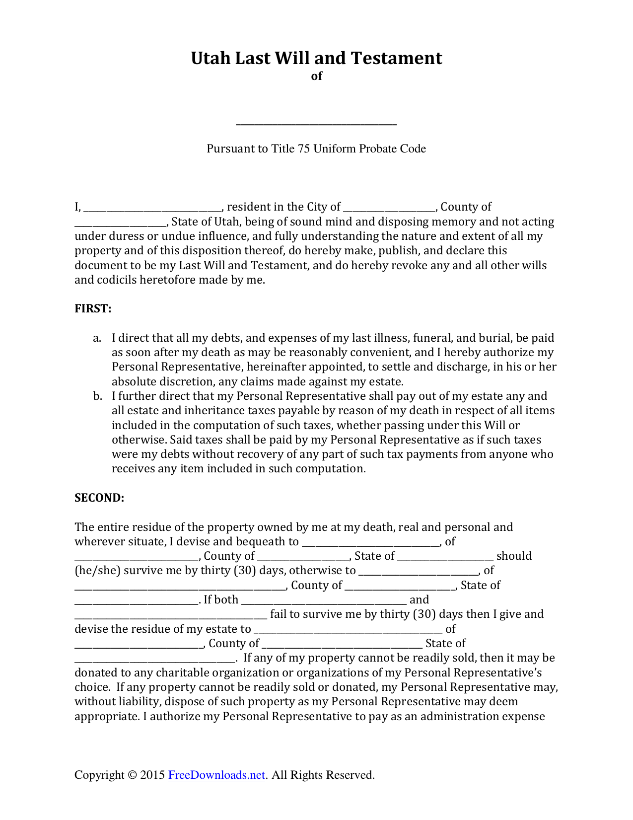 Download Utah Last Will And Testament Form PDF RTF 