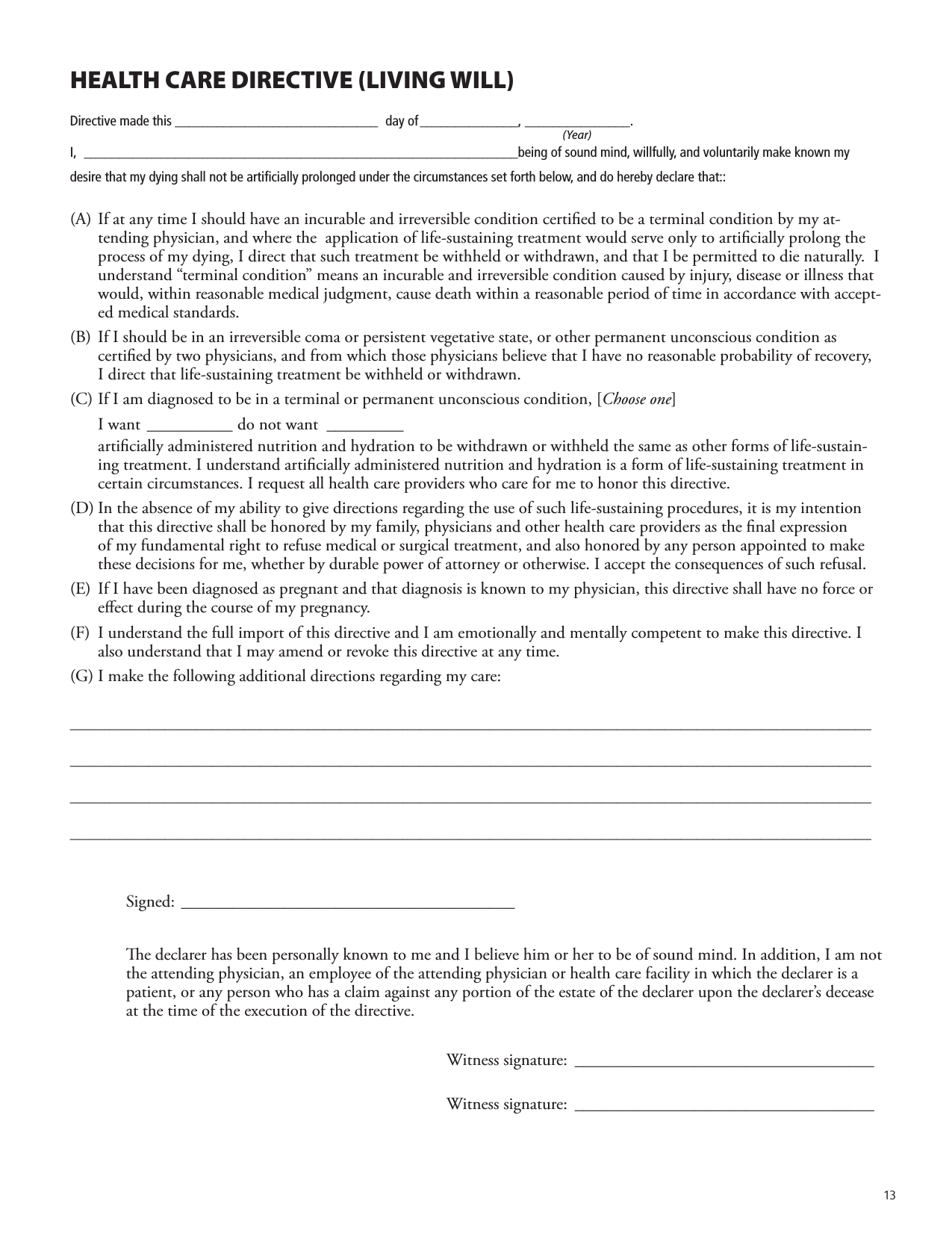 Download Washington Living Will Form Advance Directive 