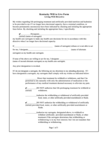 Fillable Kentucky Will To Live Form Living Will Directive