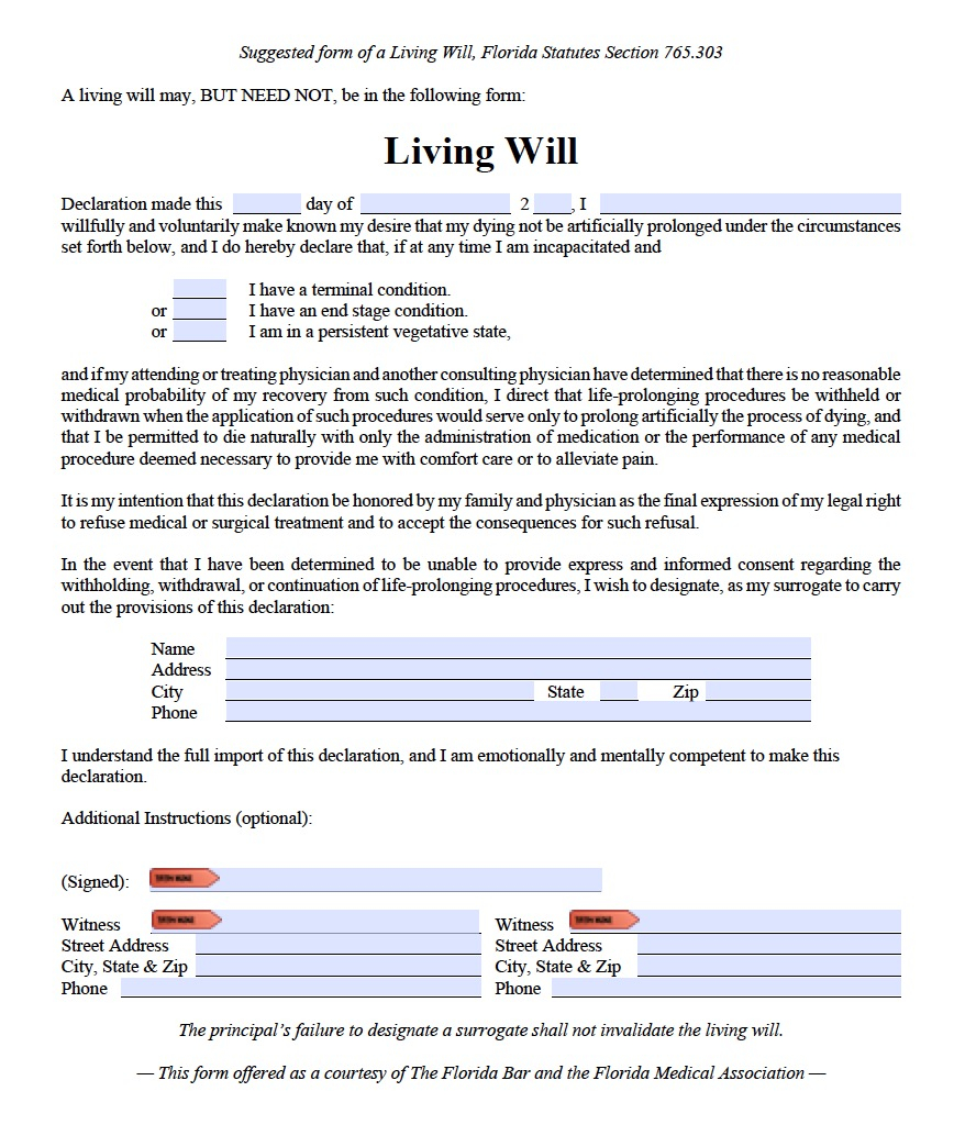 Florida Living Will Form Advance Directive Living Will 
