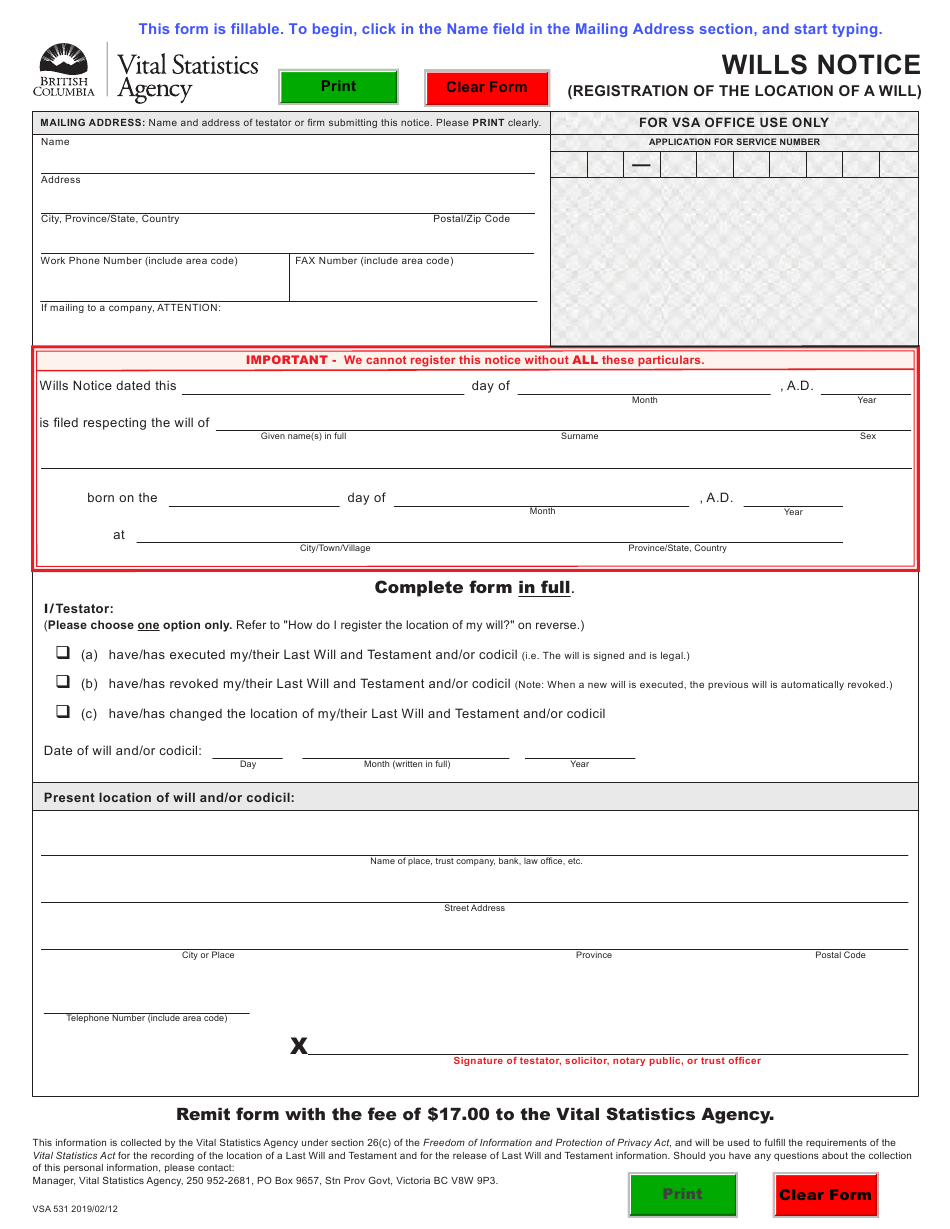 Form VSA531 Download Fillable PDF Or Fill Online Wills 