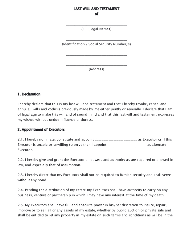 FREE 7 Sample Last Will And Testament Forms In PDF MS Word