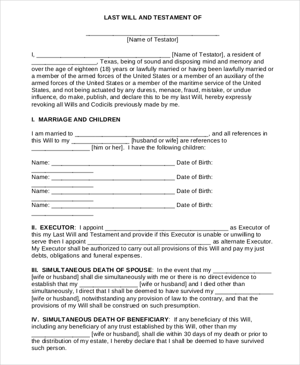 FREE 7 Sample Last Will And Testament Forms In PDF MS Word