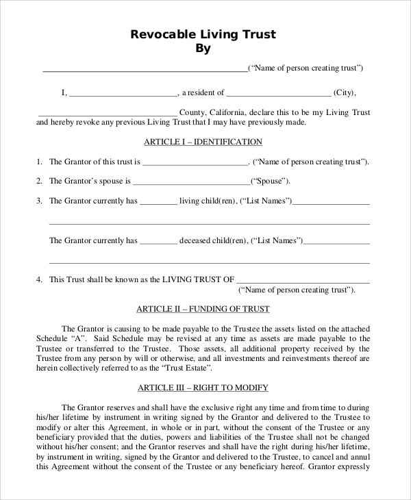 FREE 8 Sample Living Trust Forms In PDF MS Word