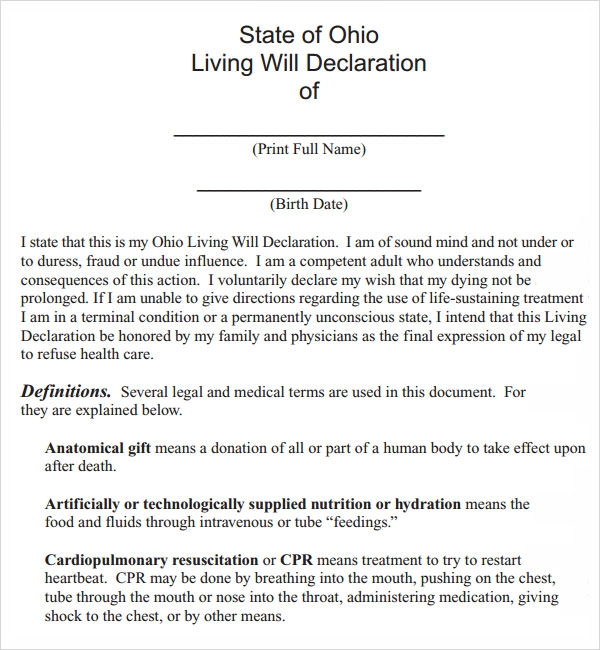 Free Printable Living Will Forms For Ohio Living Will Forms Free 