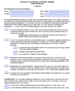 Free Arizona Living Will Form PDF