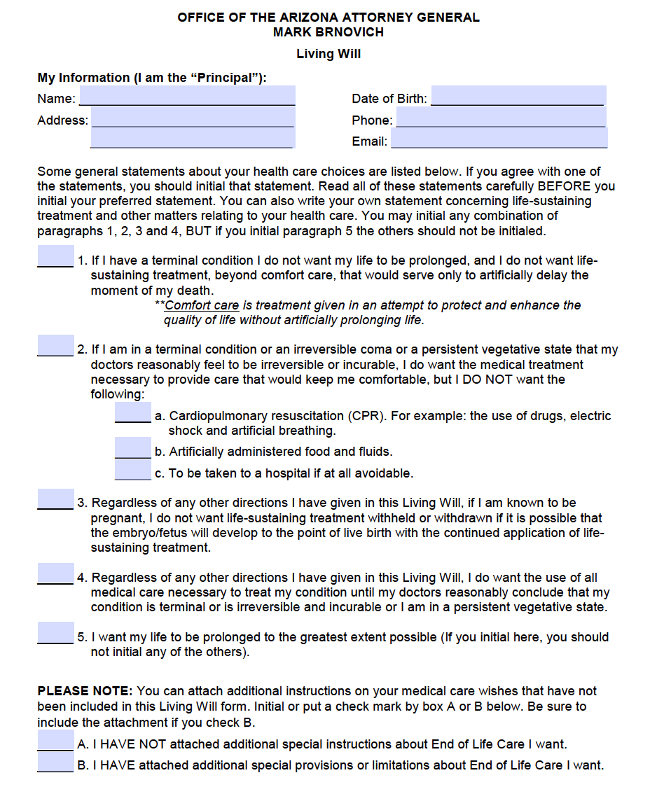 Free Arizona Living Will Form PDF