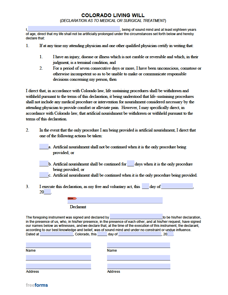 Free Colorado Living Will Form PDF