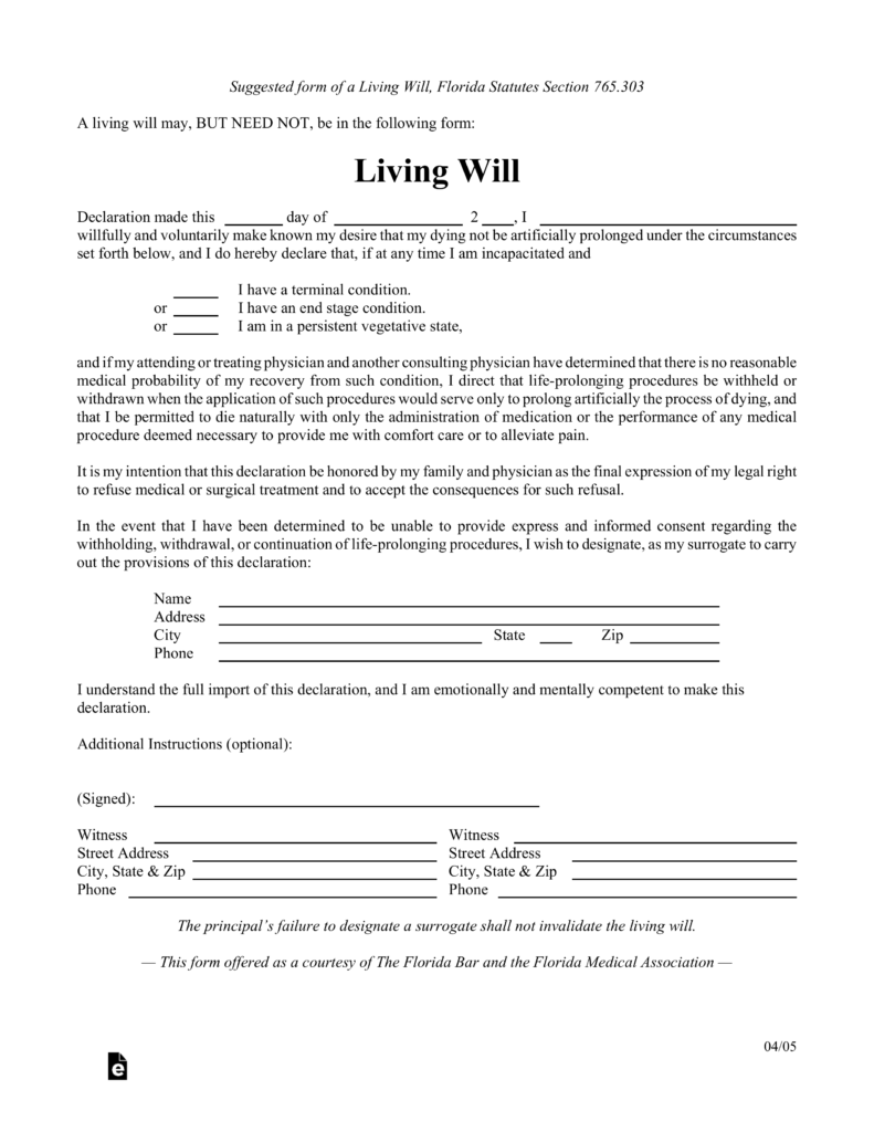 Blank Living Will Form Florida Living Will Forms Free Printable   Free Florida Living Will Form Pdf Eforms 1 