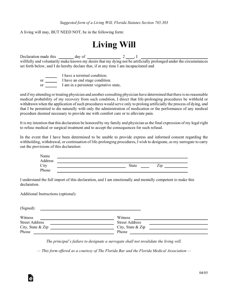 Free Florida Living Will Form PDF EForms
