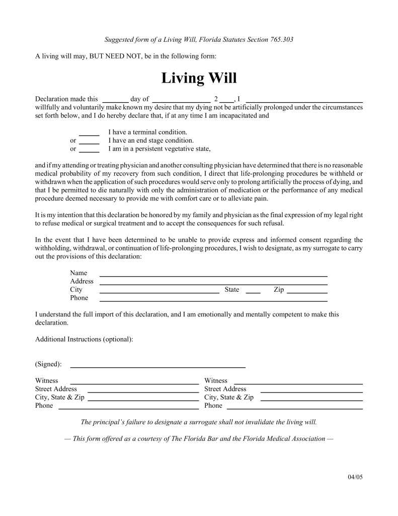 Free Florida Living Will Form PDF EForms Free 