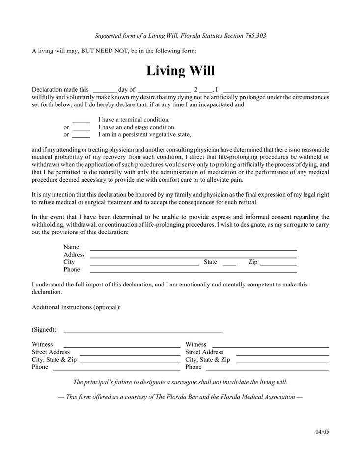 Free Florida Living Will Form PDF EForms Free 