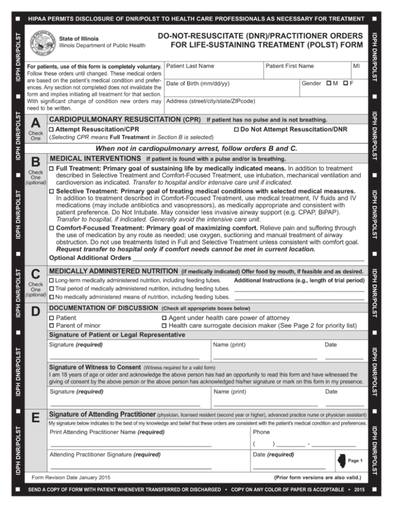 Free Illinois Do Not Resuscitate DNR Order Form PDF Living Will Forms 