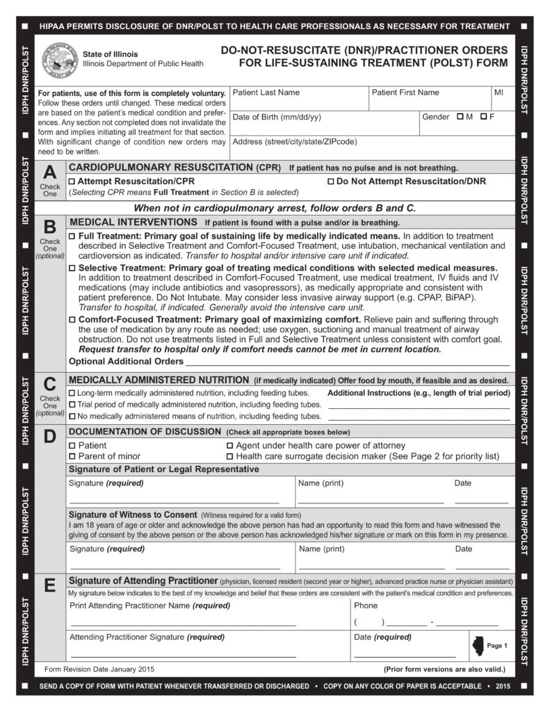 Free Illinois Do Not Resuscitate DNR Order Form PDF 