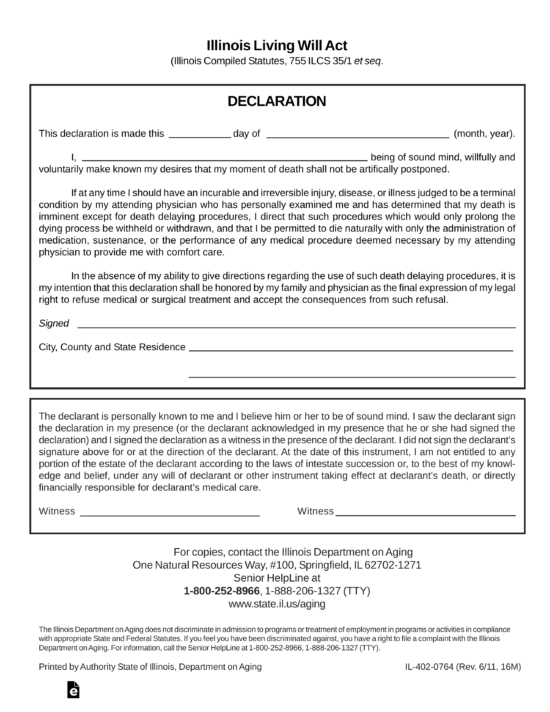 Free Illinois Living Will Form Declaration PDF EForms