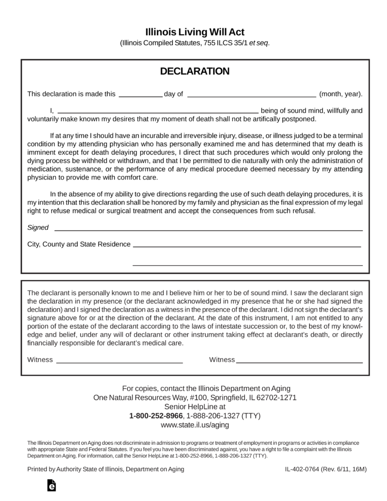 Free Illinois Living Will Form Declaration PDF EForms