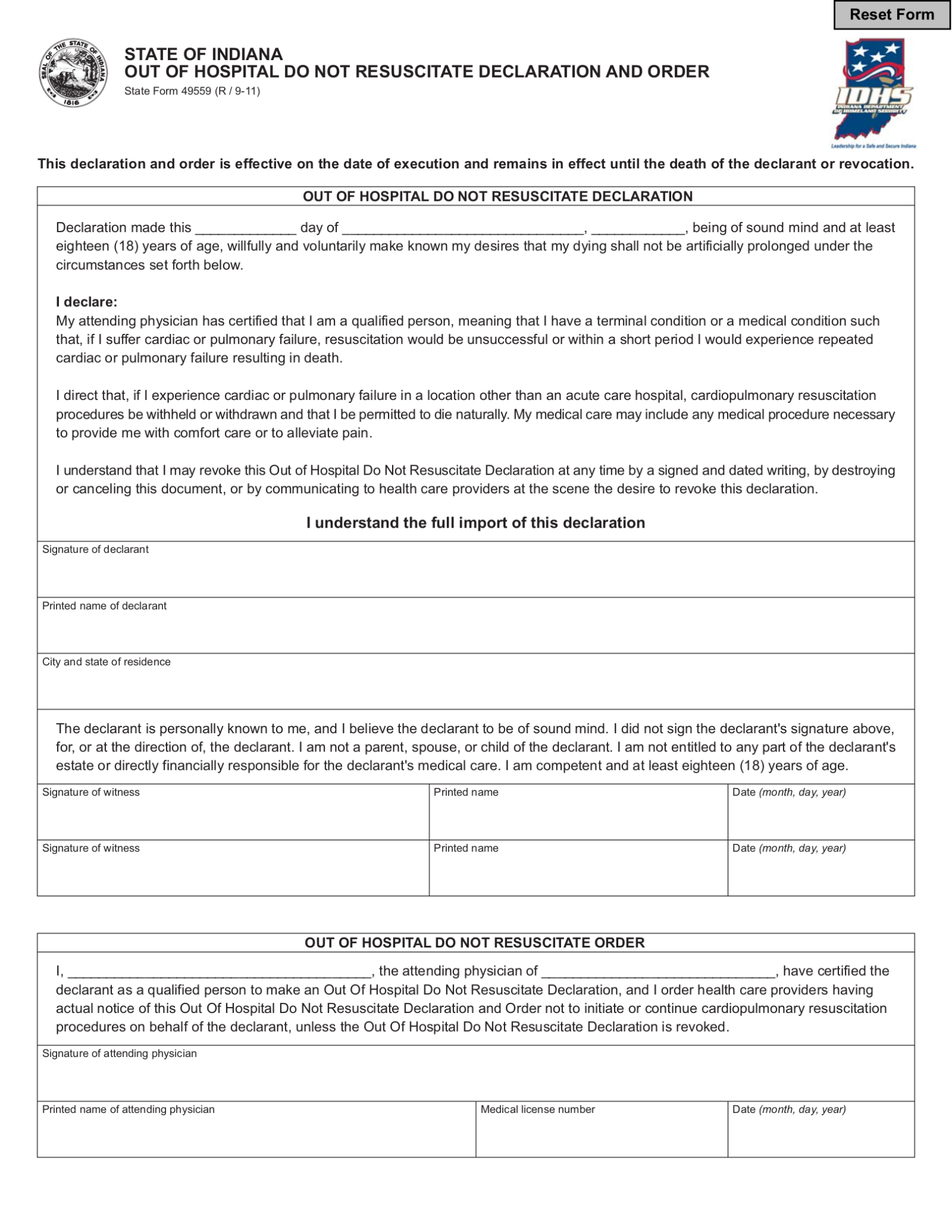 Free Indiana Advance Directive Form PDF EForms Living Will Forms Free