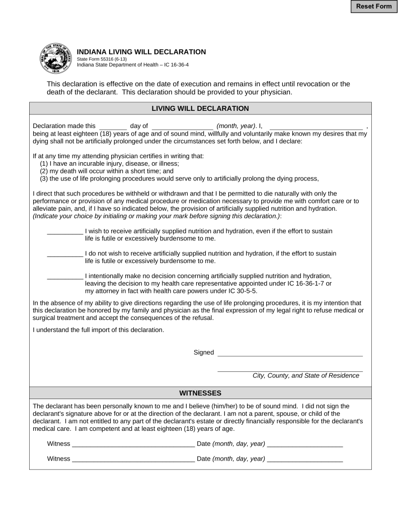 Free Indiana Living Will Declaration Form 55316 Word 