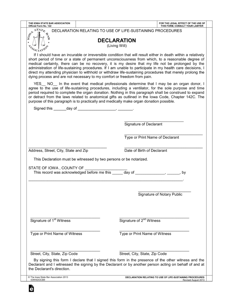 Free Iowa Living Will Declaration PDF EForms Living Will Forms Free 