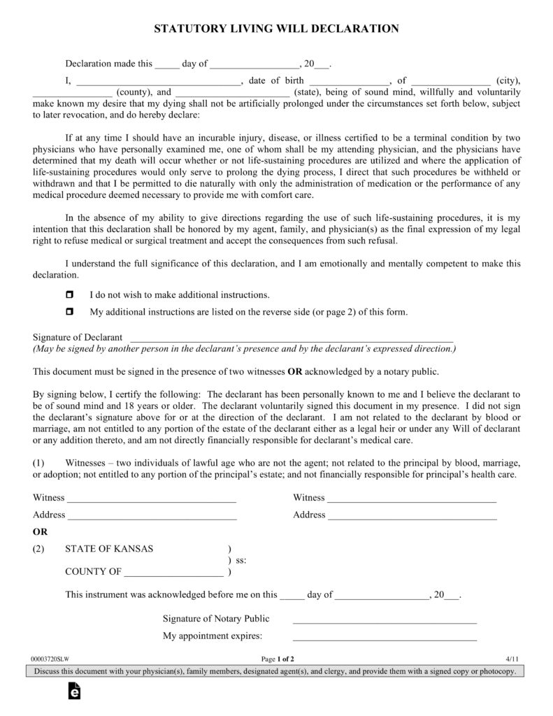Free Kansas Living Will Declaration Form PDF EForms