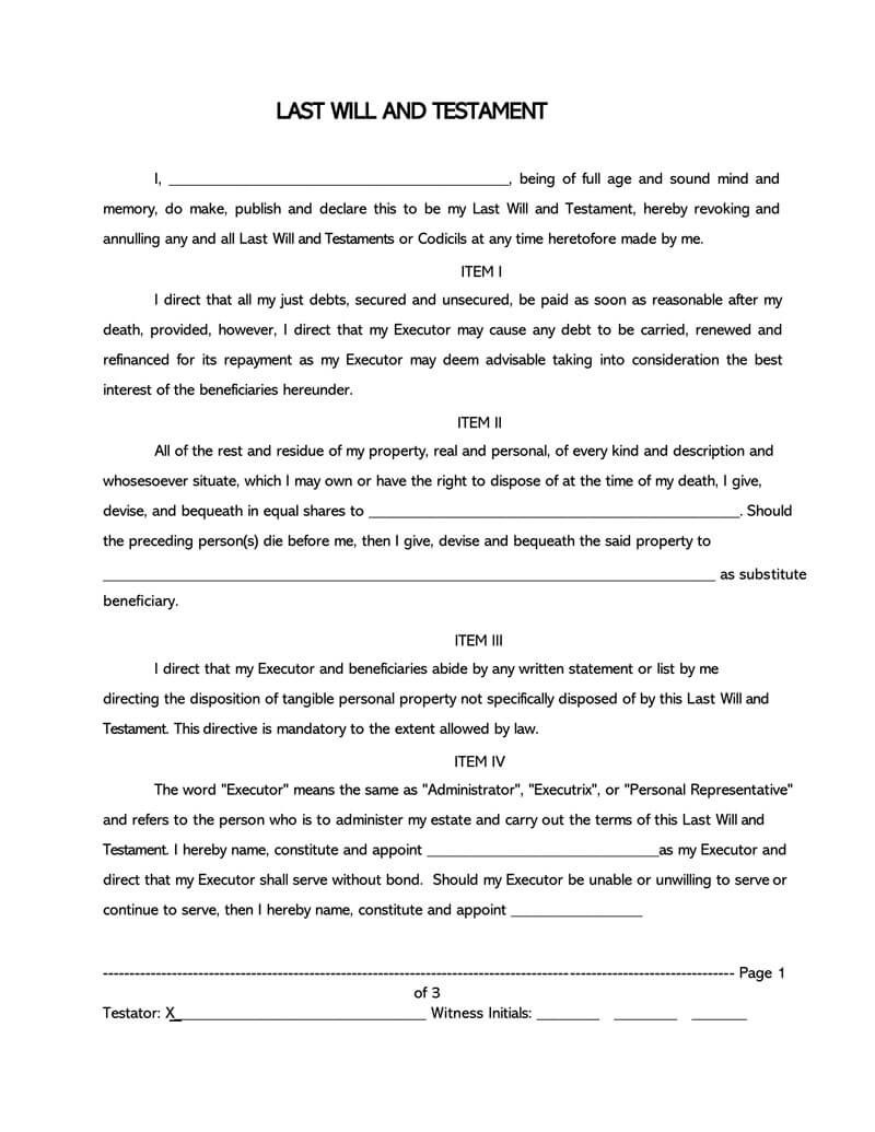 Free Last Will And Testament Forms And Templates Word PDF 