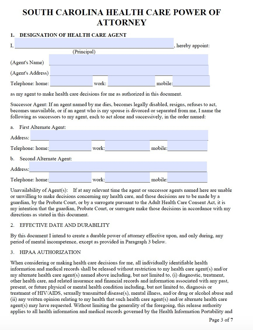 South Carolina Living Will Form Advance Directive Living Will Forms