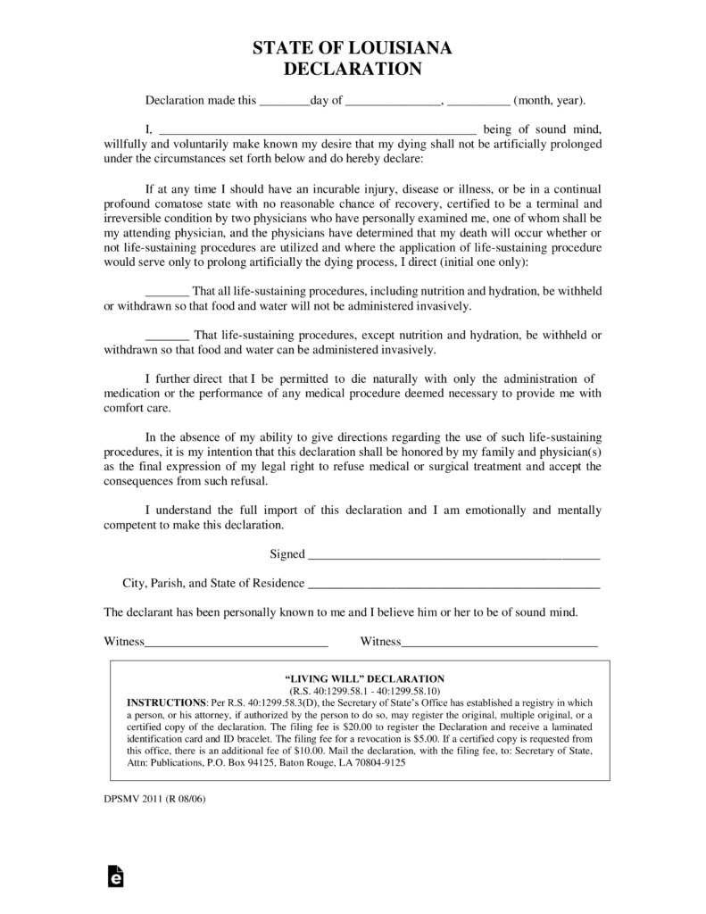 Free Louisiana Living Will Declaration Form PDF Word 