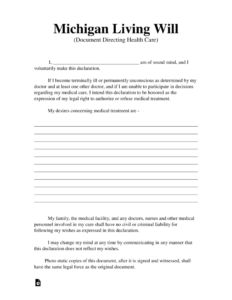 Free Michigan Living Will Form Document Directing Health