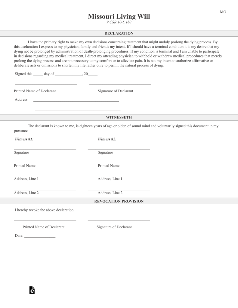 Free Missouri Living Will Declaration Form PDF EForms