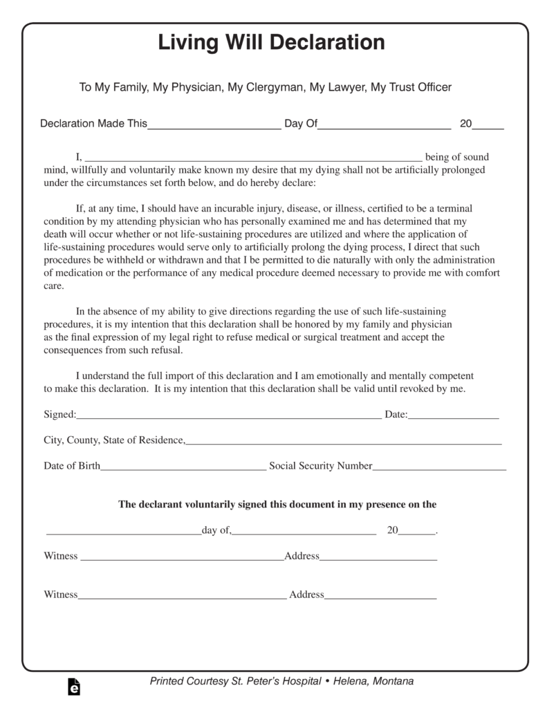 Free Montana Living Will Declaration Form PDF EForms