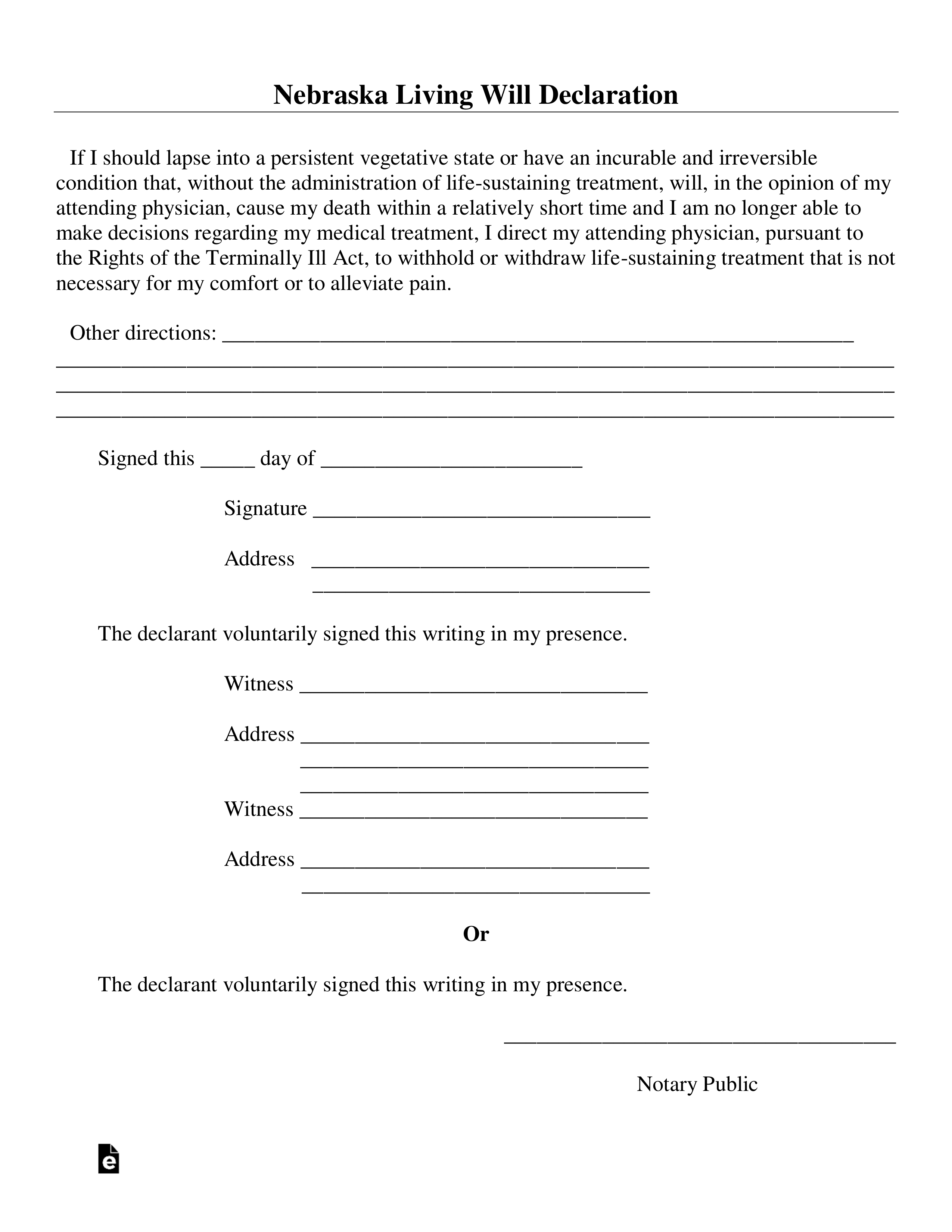 Free Nebraska Living Will Declaration Form PDF Word 