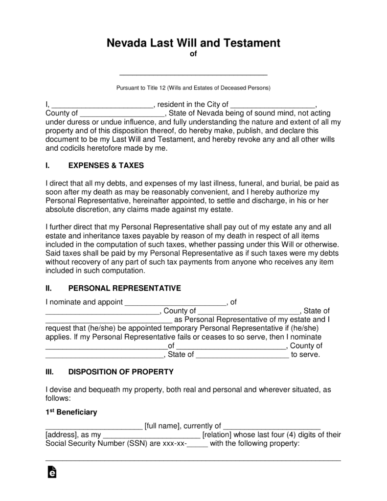 Free Nevada Last Will And Testament Template PDF Word 