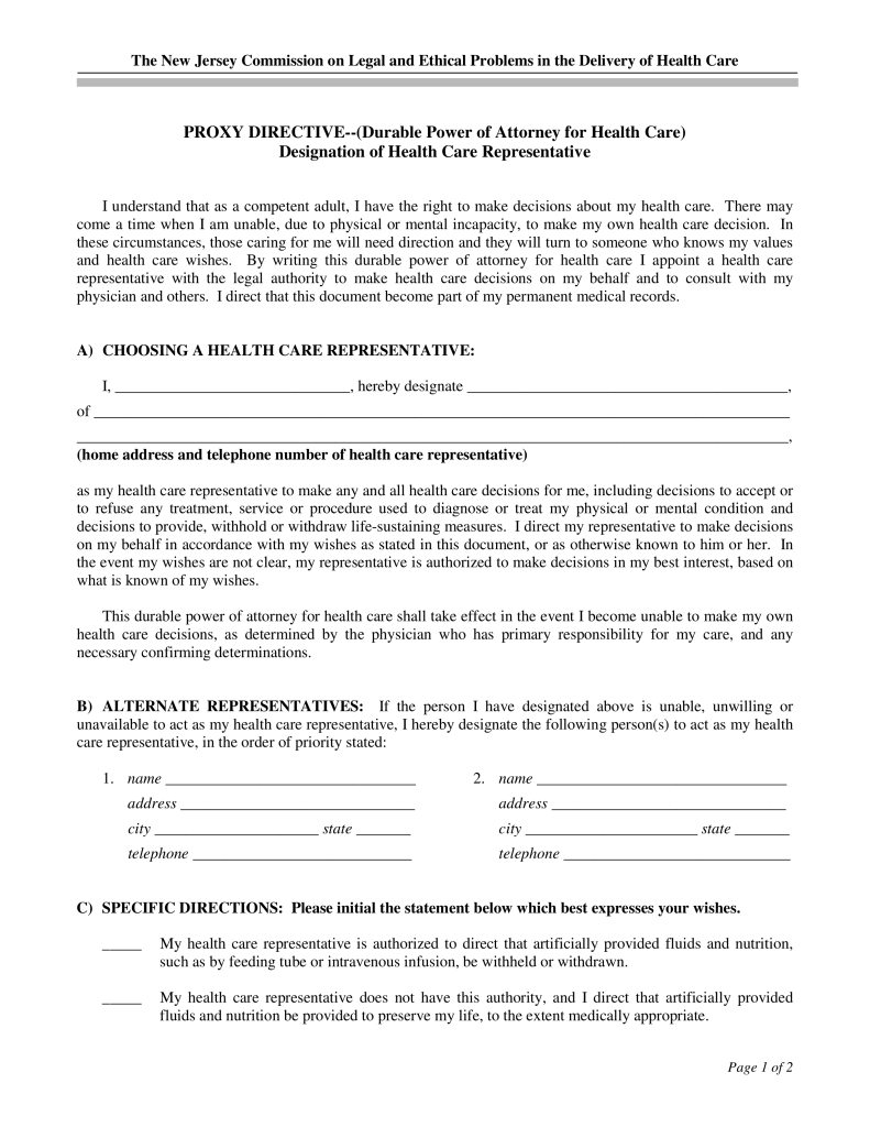 Free New Jersey Medical Power Of Attorney Form Word 